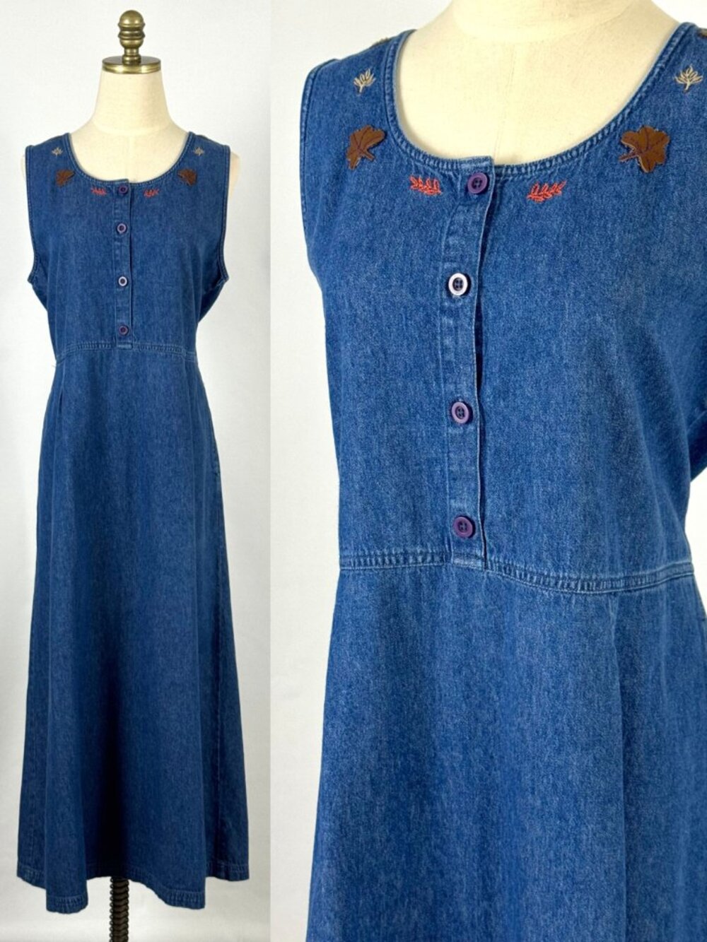Vtg 90s Denim Sleeveless Maxi Dress Fall Leaves Embroidery Button Front Tie Back